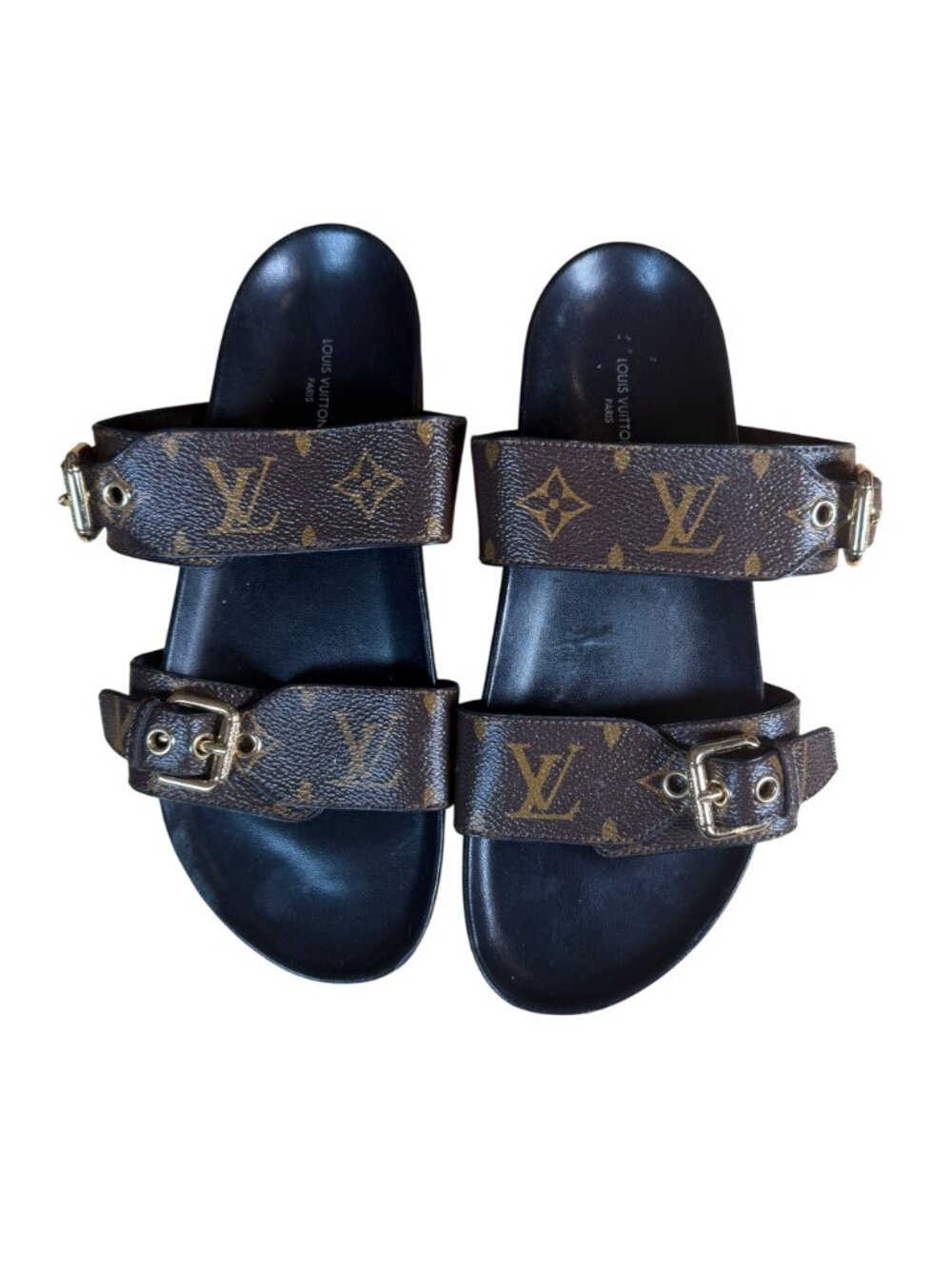 Louis Vuitton Bom Dia Slide Sandals EU 38 US 8 Brown LV Canvas Buckle Flat Mule - Picture 2 of 9